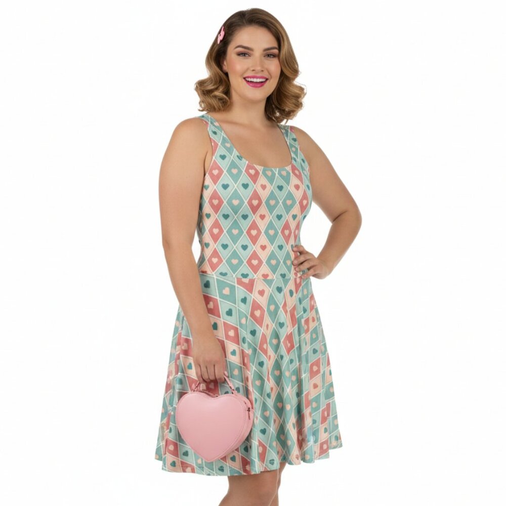 Vintage Pinup Heart Fit & Flare Dress Valentine's Day A-Line Swing - Picture 2 of 14